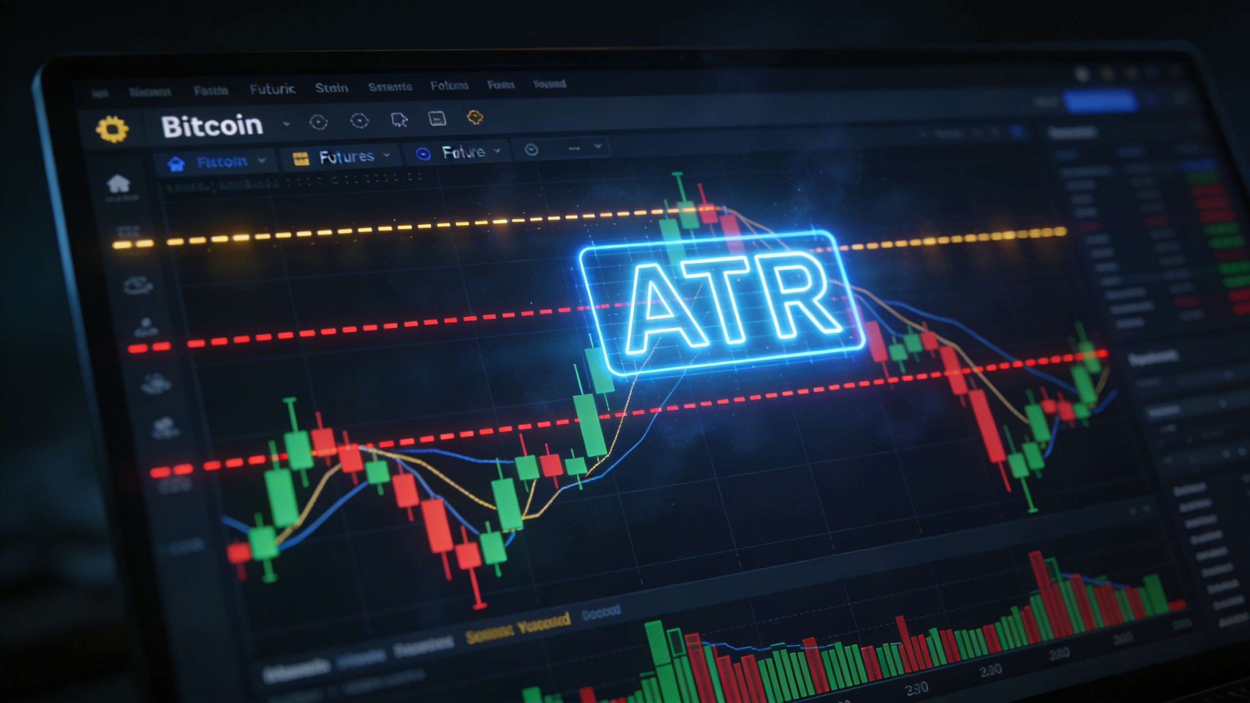 Gráfico de volatilidad ATR sobre datos de velas de futuros crypto con niveles de stop loss dinámico