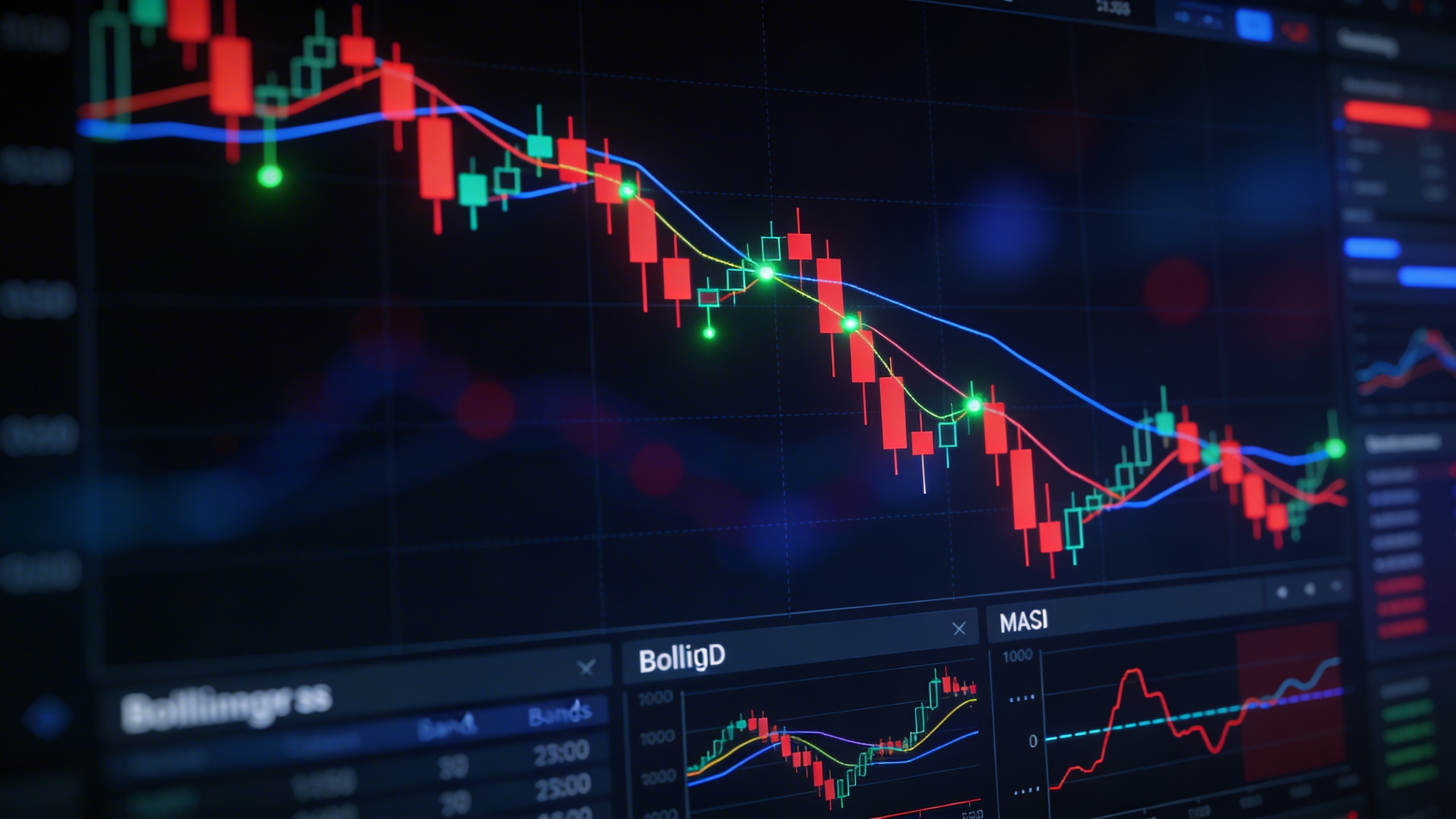 Gráfico de trading oscuro mostrando mercado de futuros cripto bajista con indicadores técnicos superpuestos y análisis de patrón de tendencia bajista