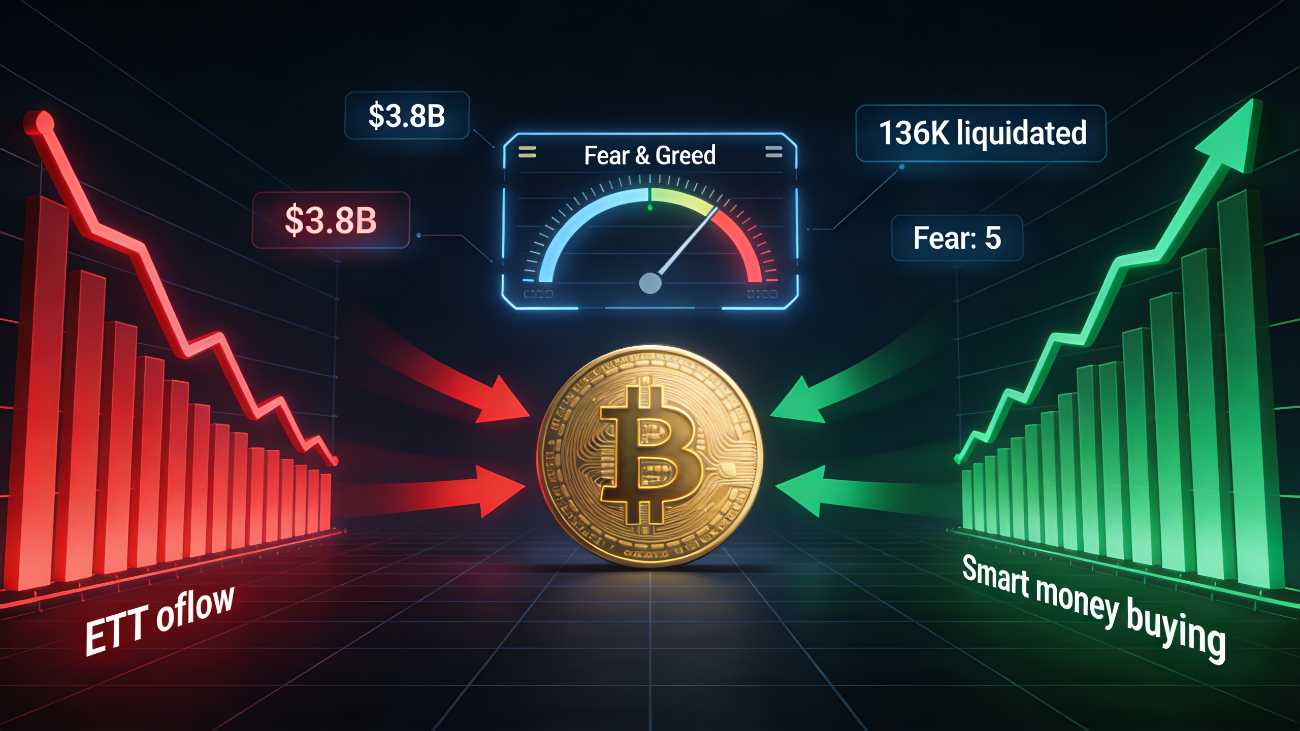 Gráfico de salidas de ETF de Bitcoin mostrando presión de venta institucional junto con datos de liquidación de futuros cripto