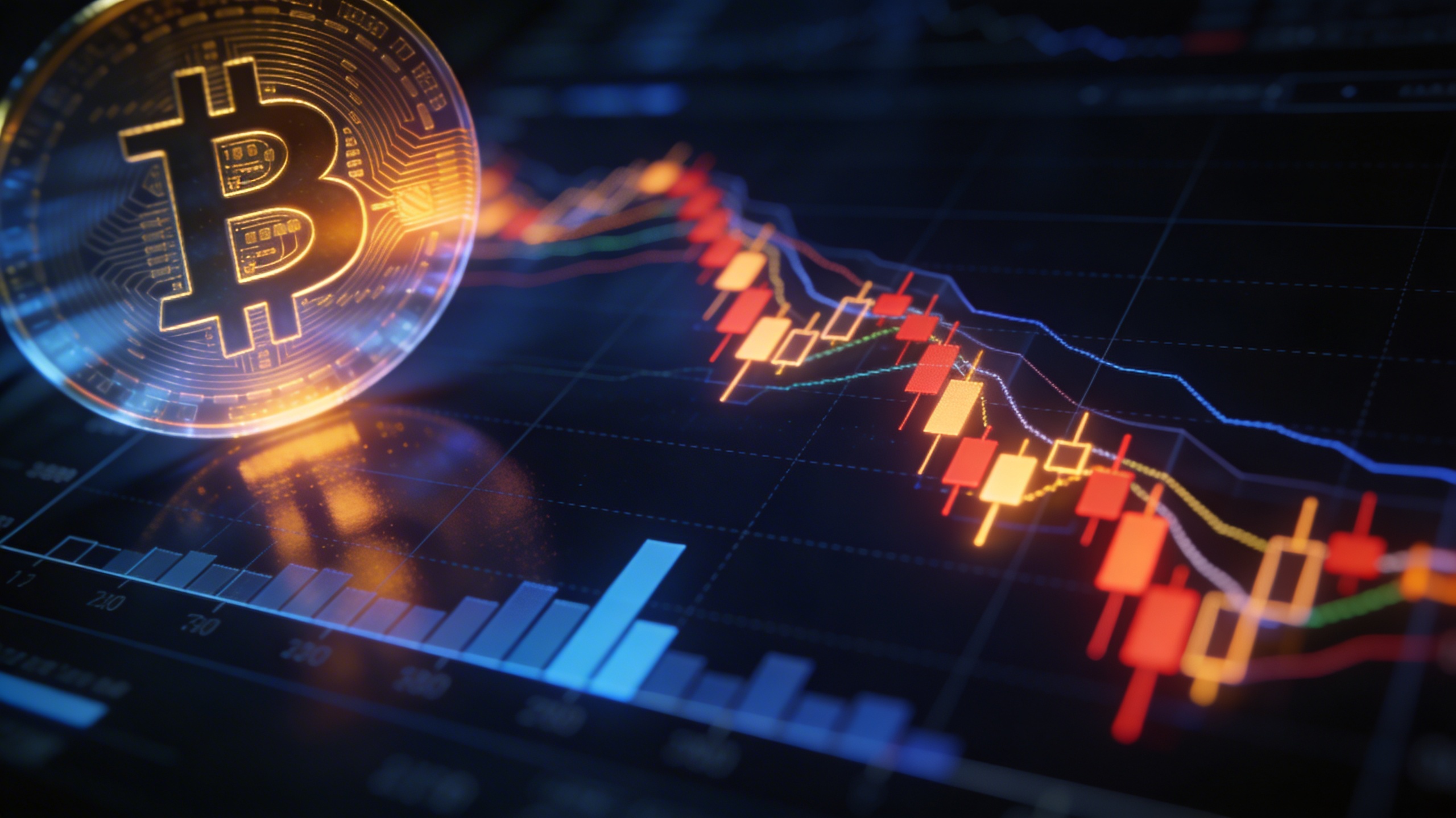 Gráfico de interés abierto en futuros de Bitcoin mostrando niveles decrecientes con indicadores de trading superpuestos