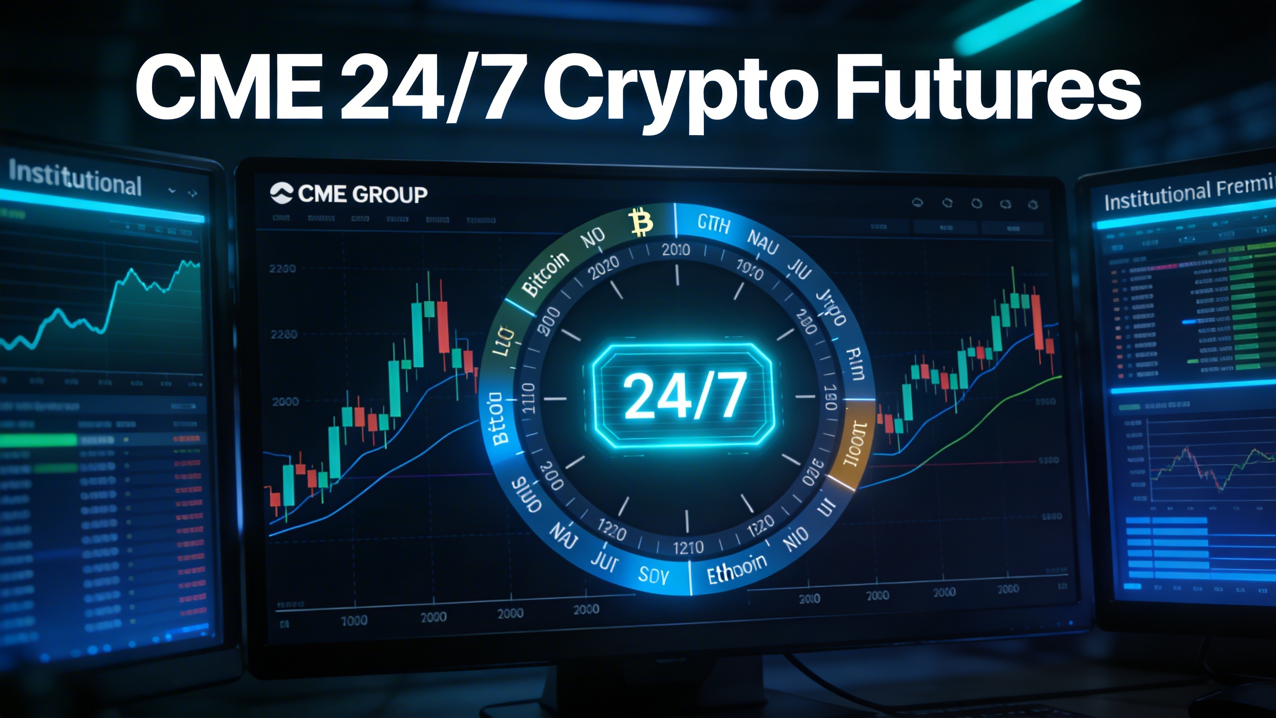 Panel de trading de futuros crypto 24/7 de CME Group mostrando contratos de Bitcoin y Ethereum con horario continuo