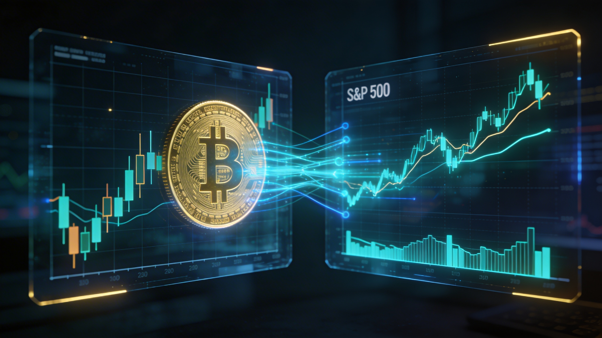 Grafico mostrando patrones de correlacion entre criptomonedas y mercados bursatiles para trading de futuros