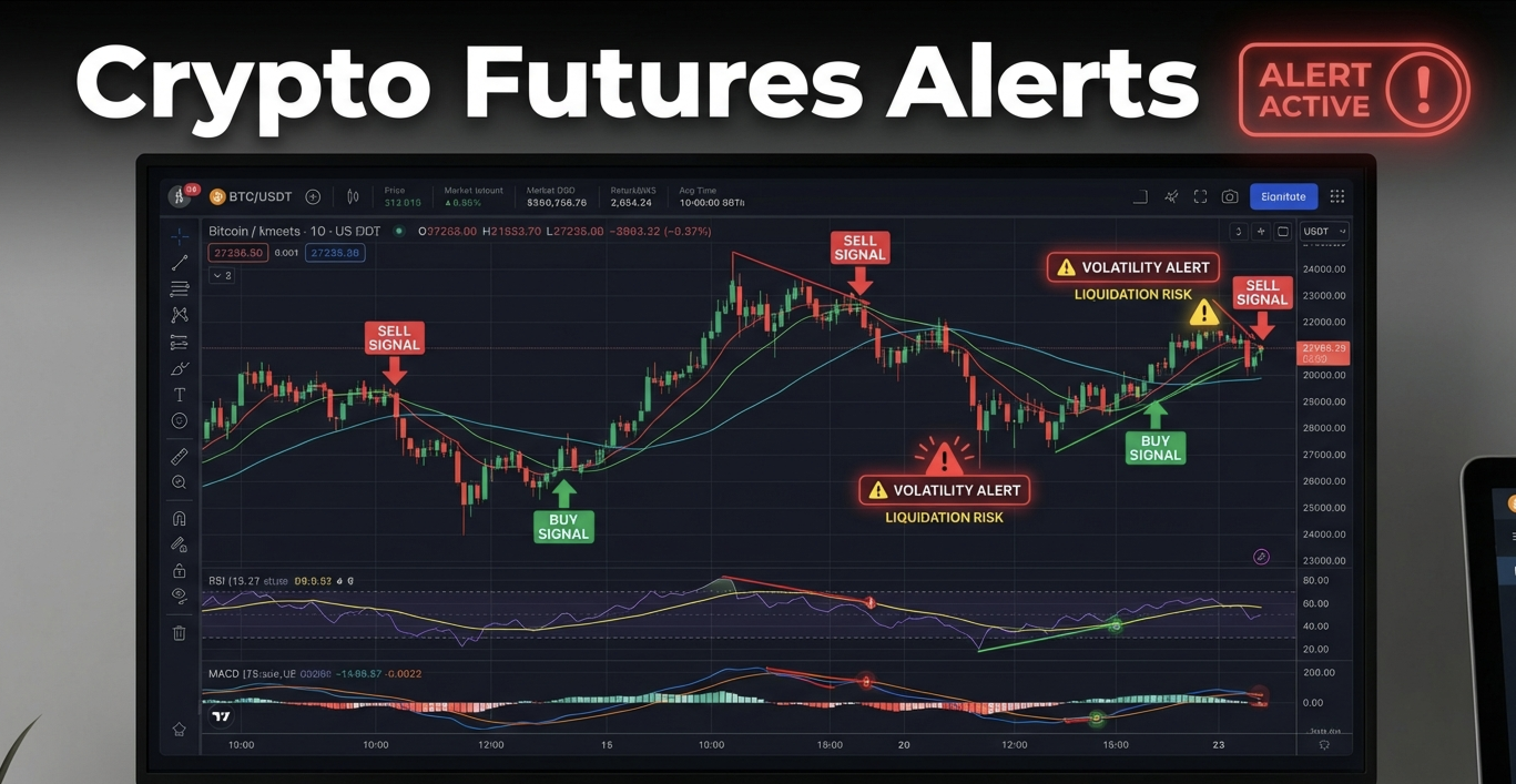 Crypto futures trading alerts and real-time signal notifications on trading chart