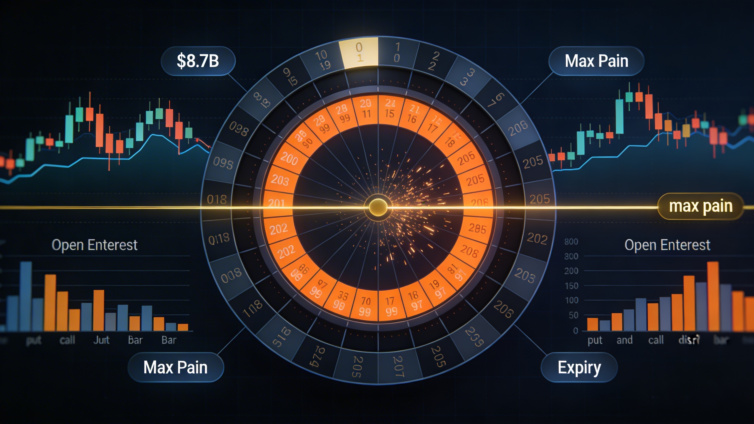Gráfico de vencimiento de opciones de Bitcoin mostrando distribución de interés abierto y nivel de máximo dolor con datos de volatilidad en futuros