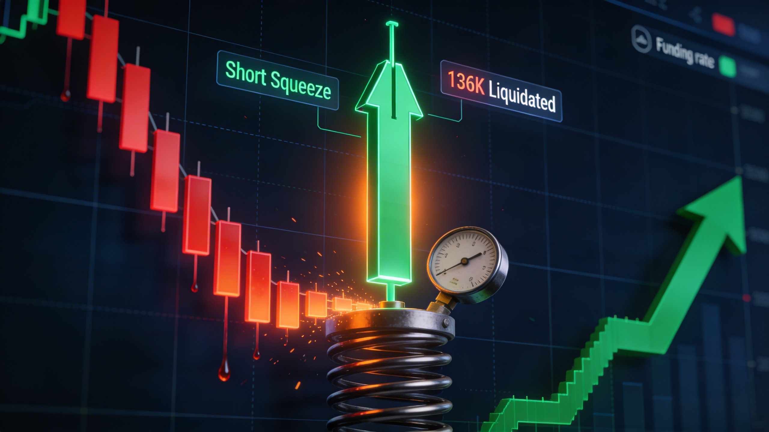 Gráfico de precio de Bitcoin mostrando una vela short squeeze vertical con overlay de datos de liquidación