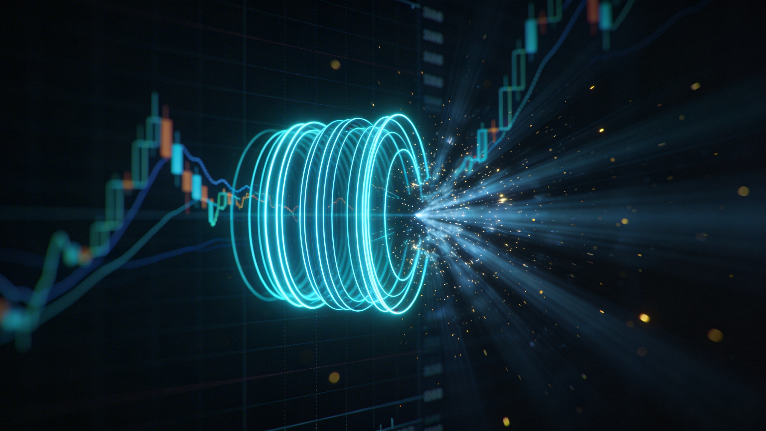 Abstract visualization of compressed price bands expanding into a breakout on a dark trading chart