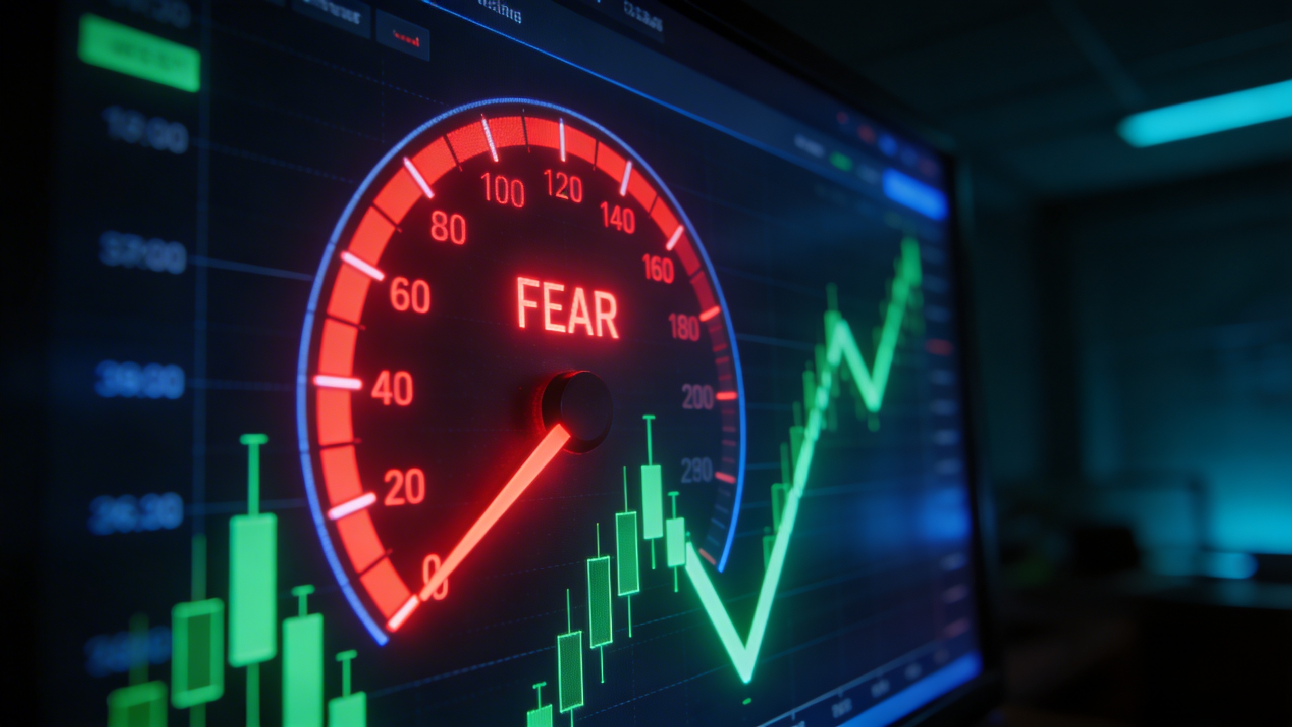 Panel oscuro del mercado crypto mostrando el Índice de Miedo y Codicia en territorio de miedo extremo con gráficos de velas