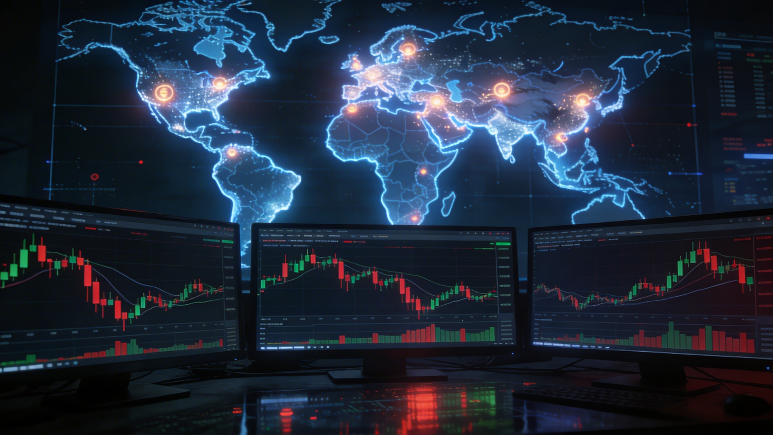 Gráfico financiero oscuro mostrando acción de precios en futuros cripto durante volatilidad geopolítica con indicadores de riesgo global