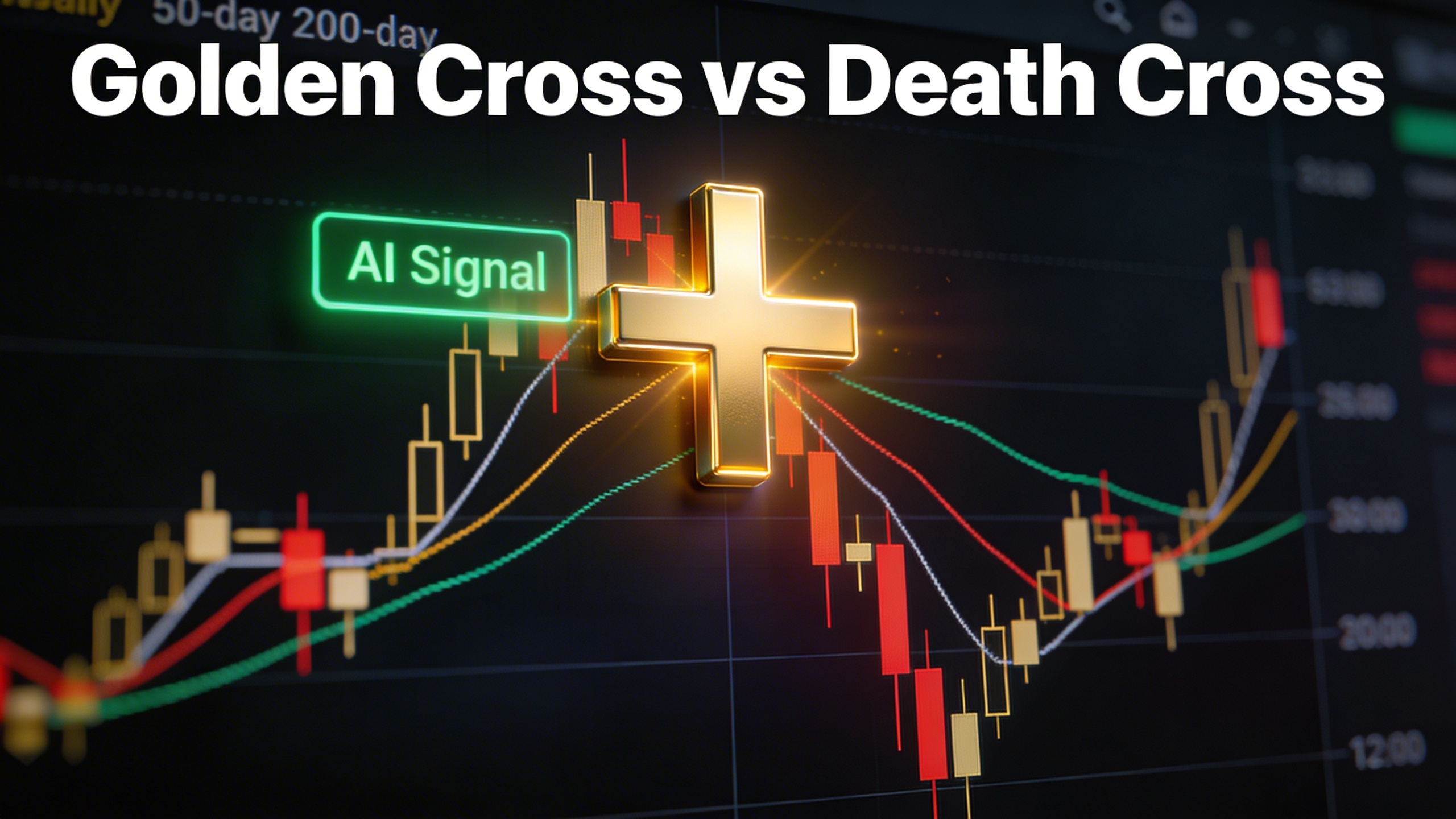 Gráfico de Bitcoin mostrando patrones de cruce EMA golden cross y death cross con superposición de señales de IA