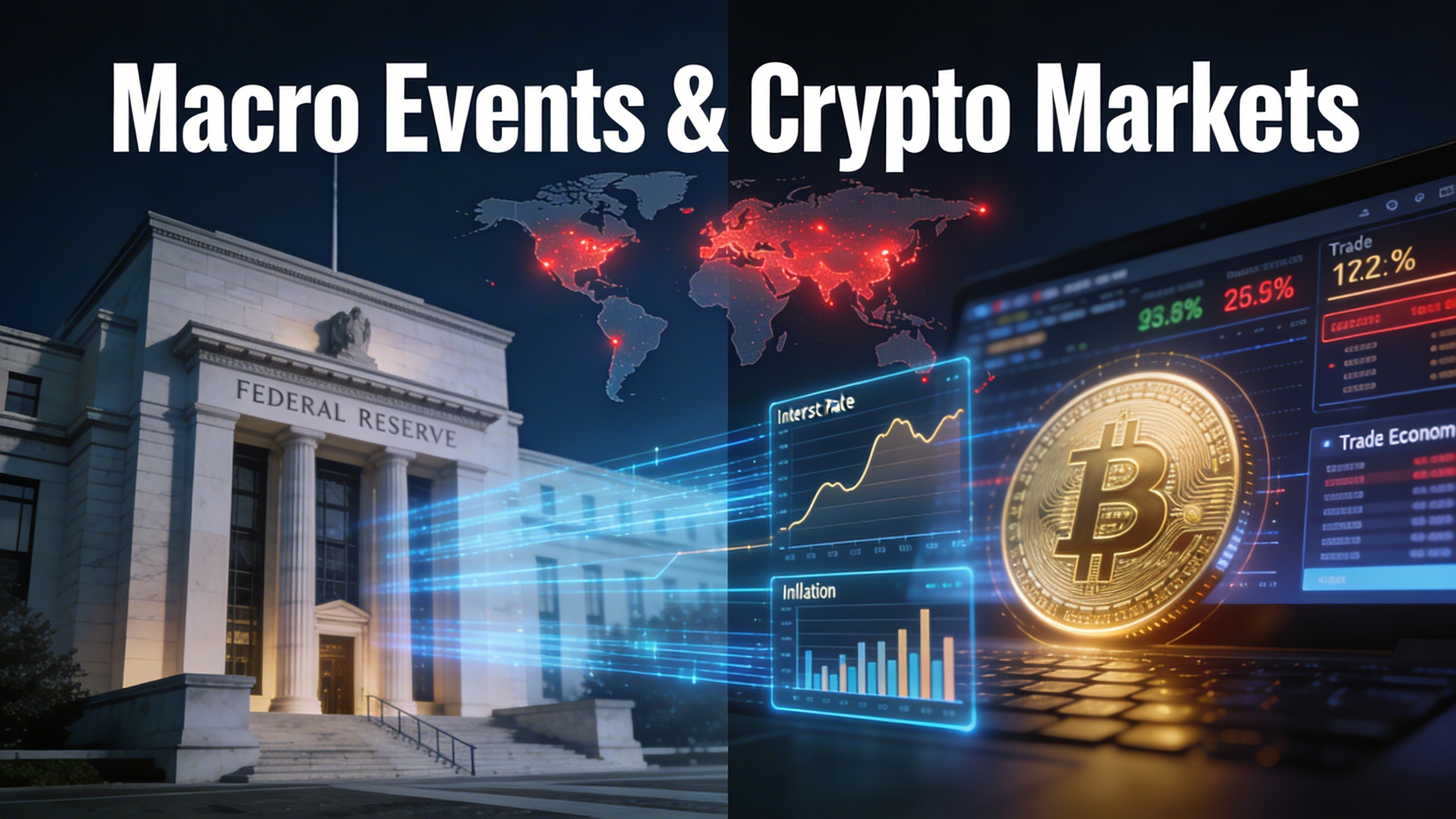 Panel de eventos macroeconomicos globales mostrando la Reserva Federal, aranceles comerciales e indicadores geopoliticos que afectan los mercados de futuros cripto