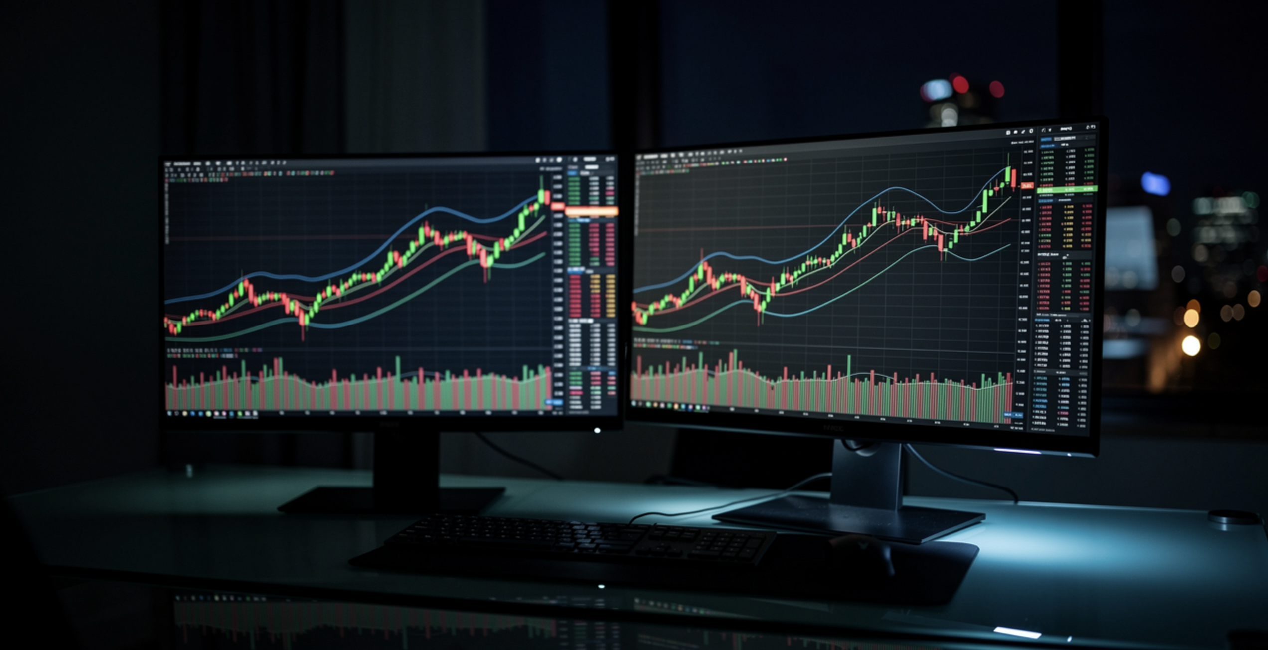 Market analytics dashboard showing volatility, trend and volume for crypto trading