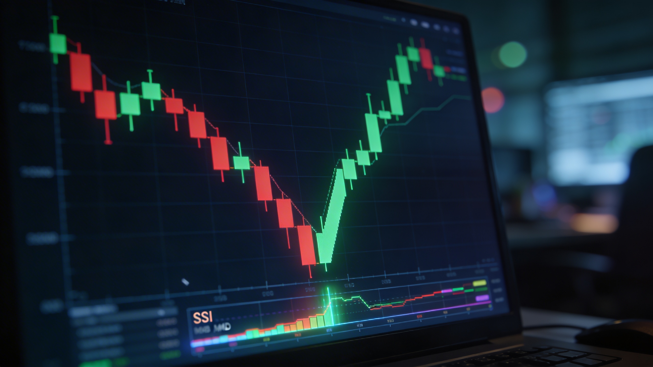 Gráfico de futuros crypto mostrando un patrón de rebote por sobreventa con indicadores RSI y MACD
