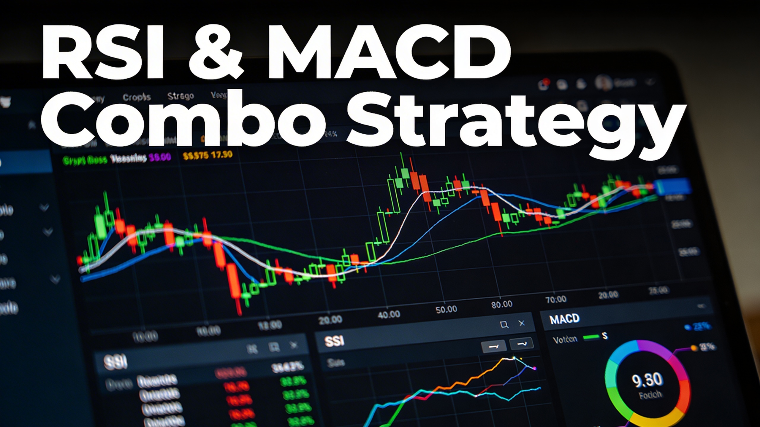 RSI and MACD technical indicators on cryptocurrency candlestick chart