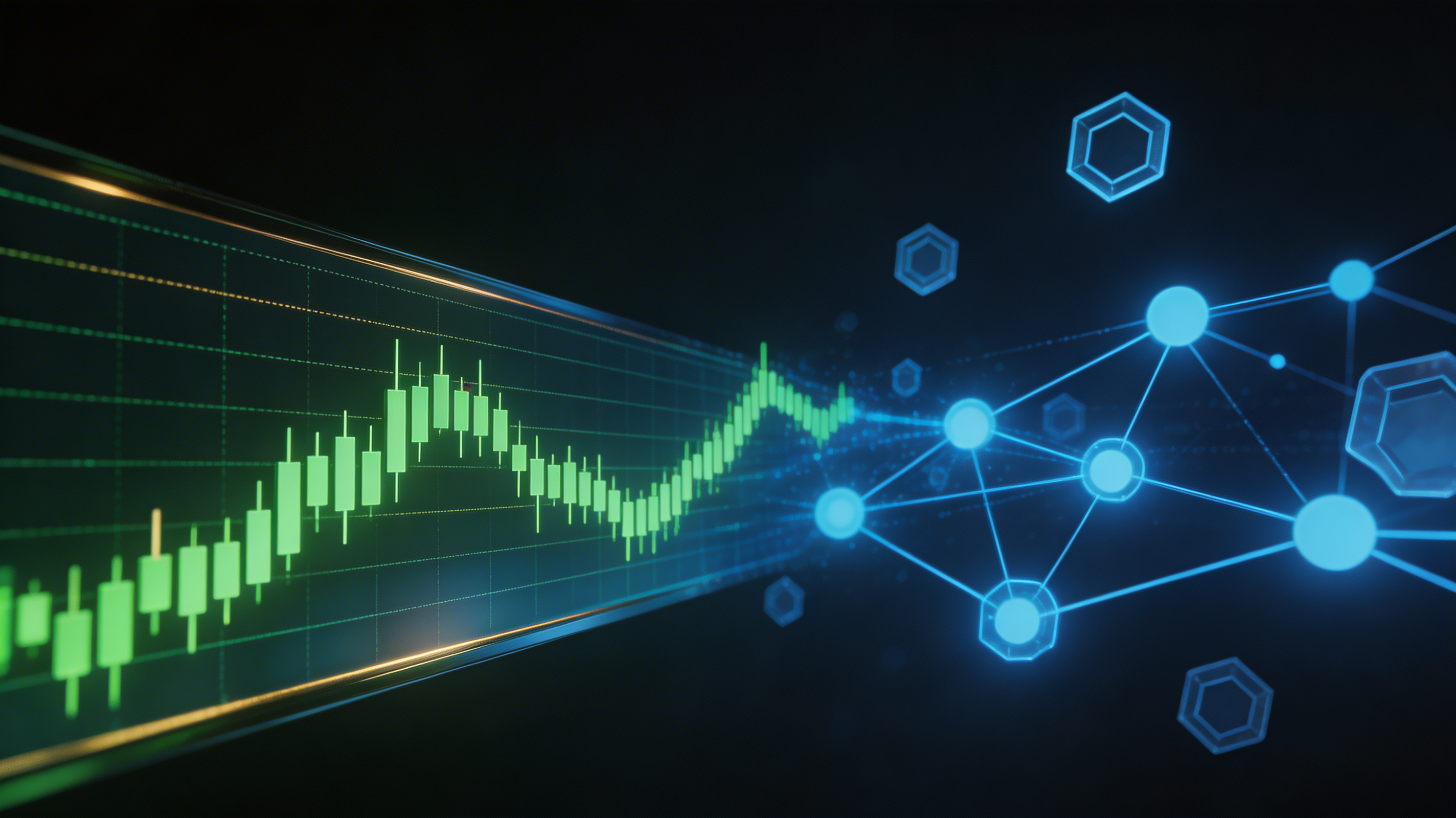 Grafico del indice S&P 500 fusionandose con visualizacion de red blockchain de criptomonedas