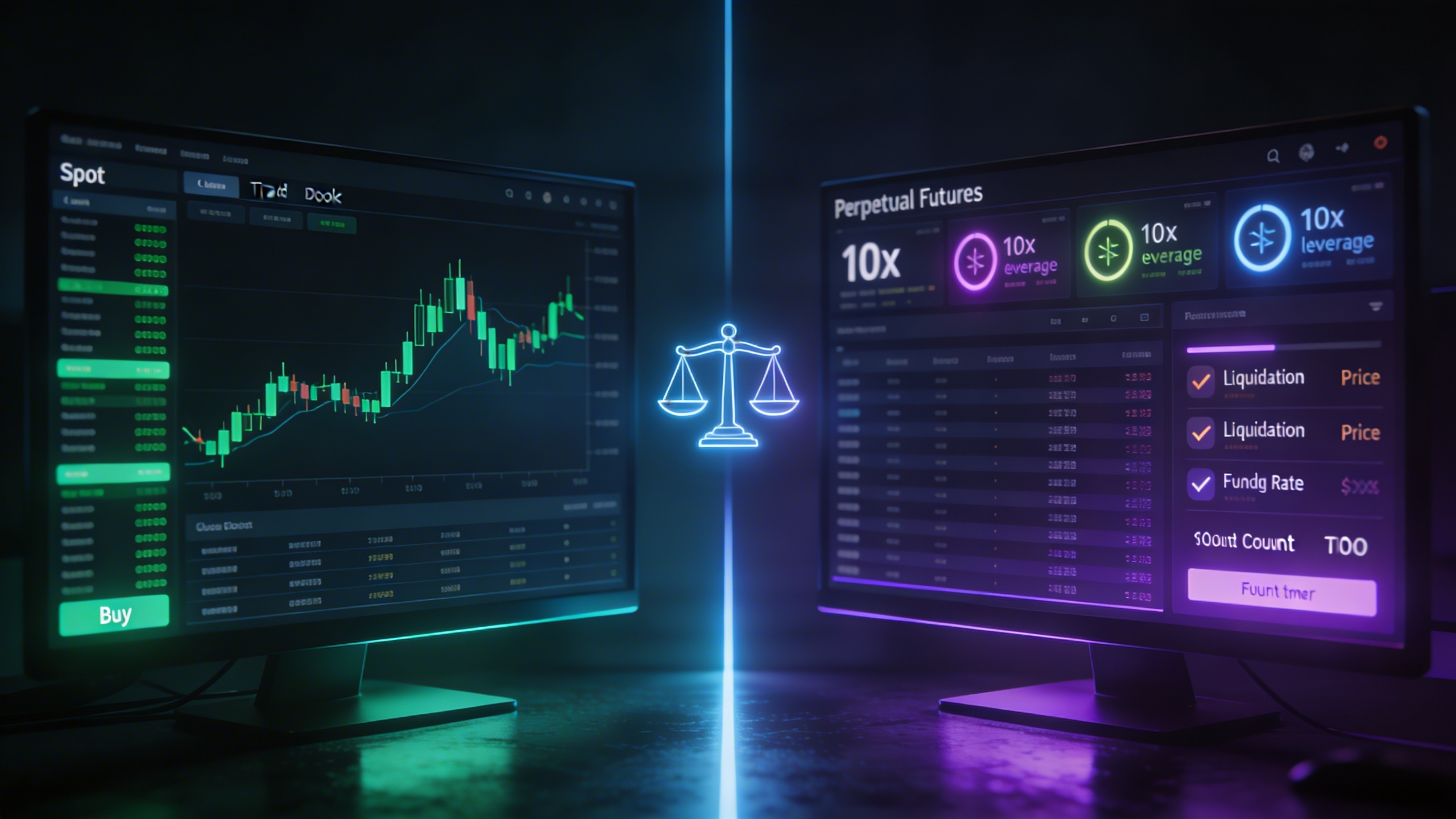Panel de control dividido comparando trading spot de criptografía y futuros perpetuos con indicadores de apalancamiento y datos de mercado