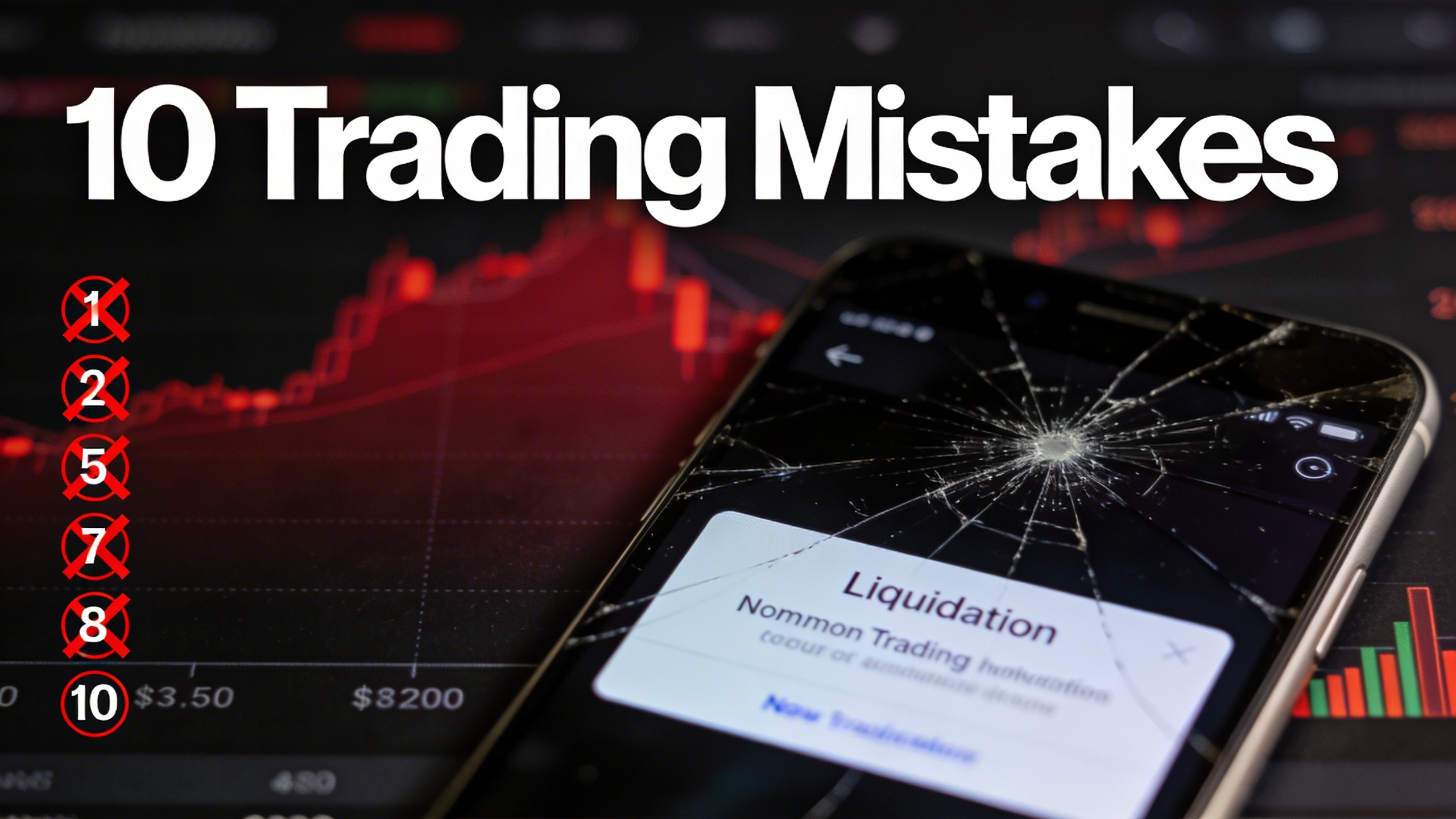 Infografía de errores de trading de criptomonedas mostrando los errores comunes que llevan a liquidación y pérdidas